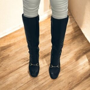 GUCCI black leather knee high boots gold horse bit buckle 41C